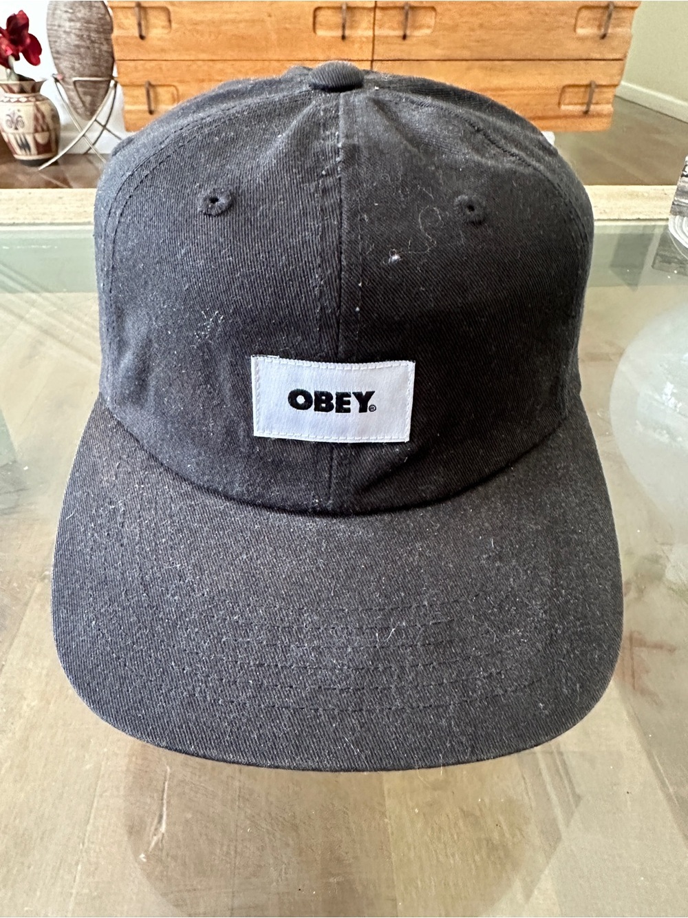 Obey Black Canvas Baseball Cap with White Logo Patch